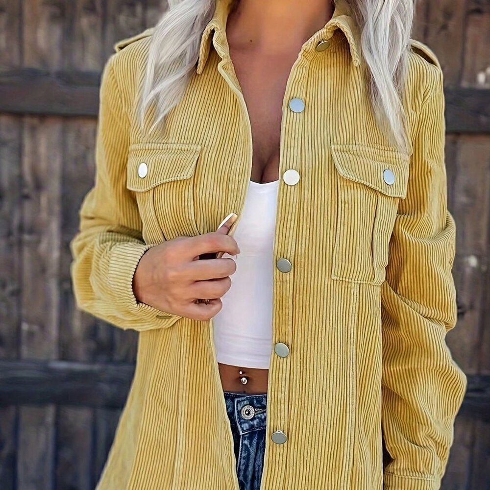 Yellow Casual Women's Solid Color Corduroy Fold-Over Pocket Shirt